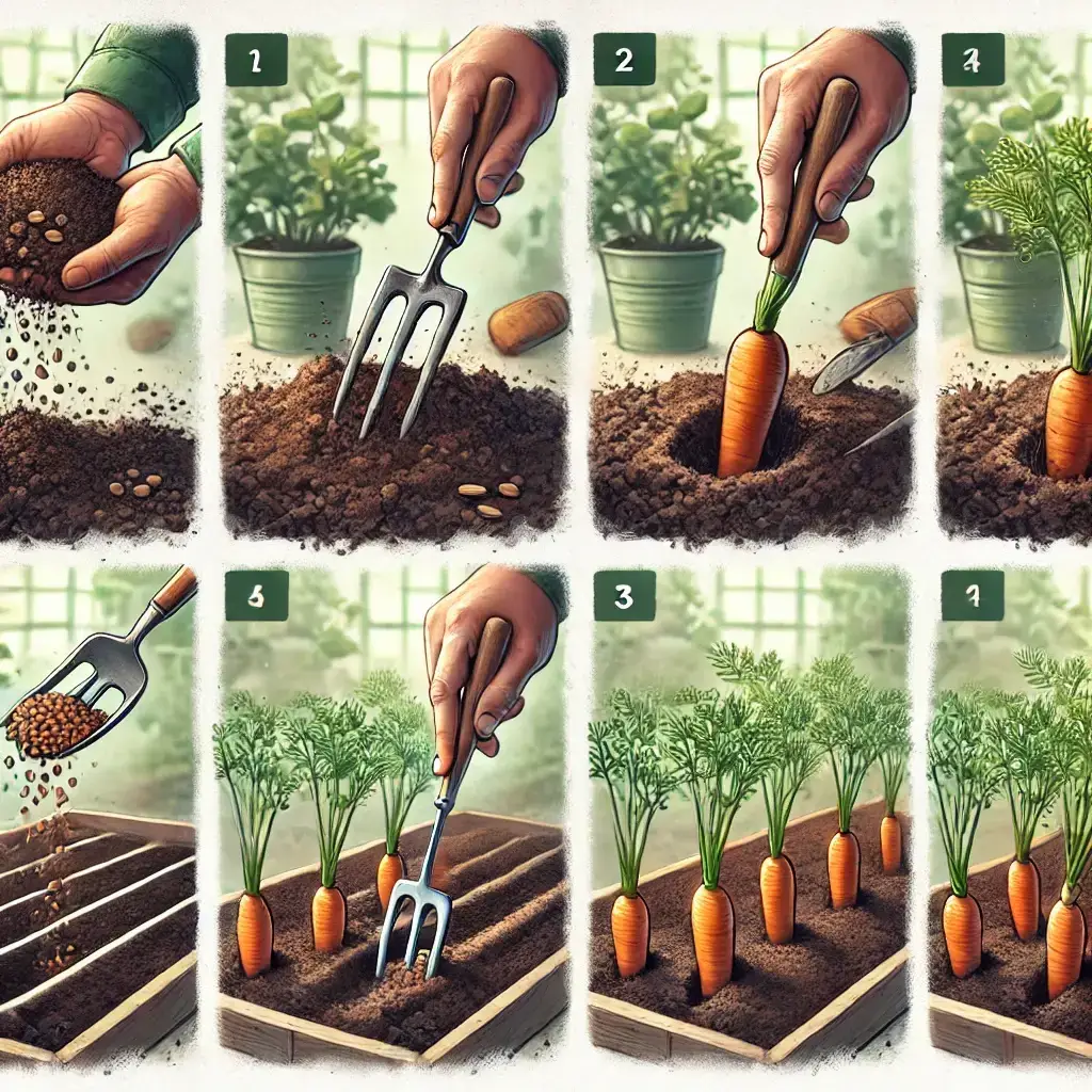 Illustration of a step-by-step guide of Growing carrots from seeds.